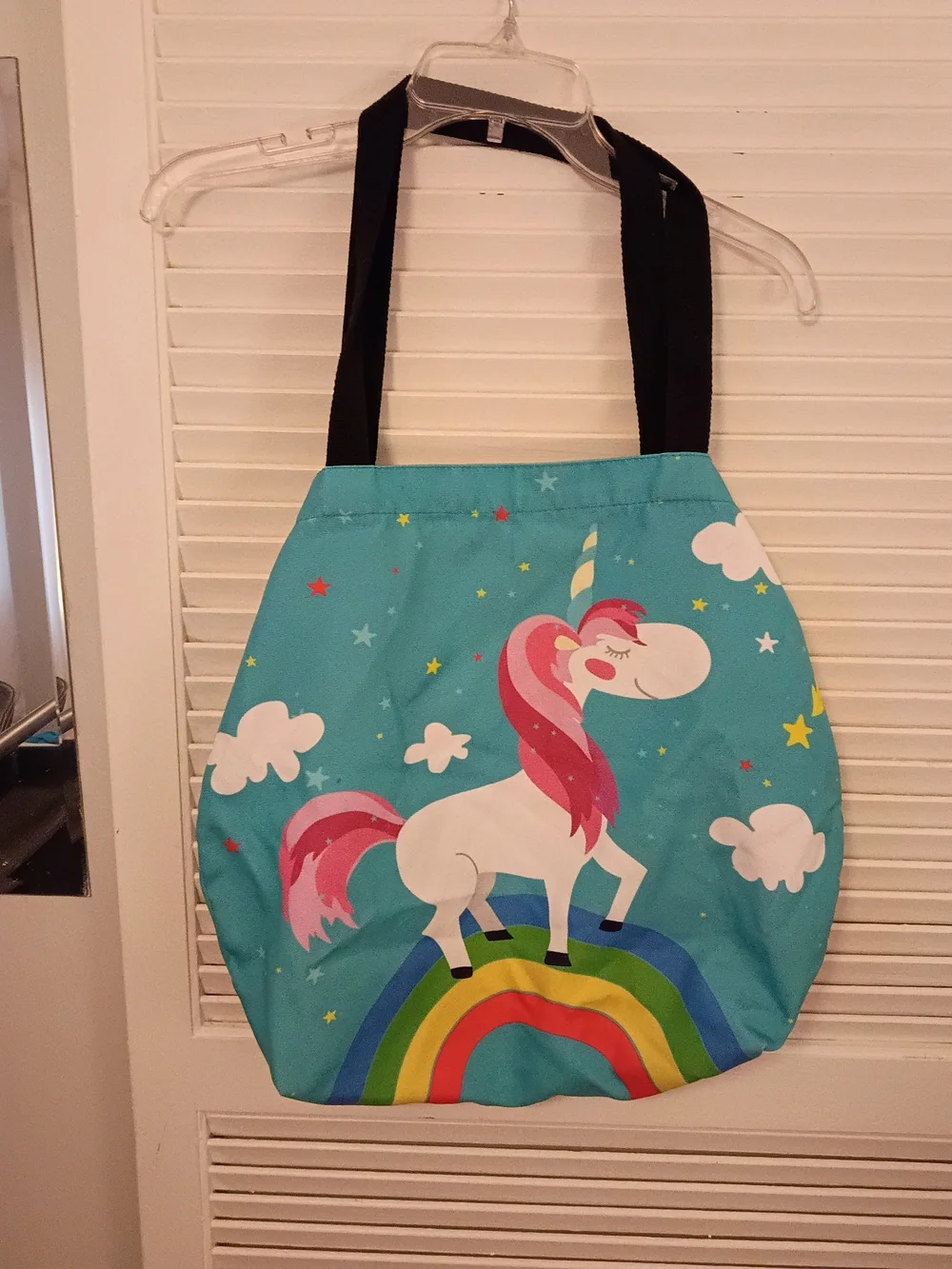 Kids Unicorn Rainbow Tote Bag - Turquoise with Black Handles